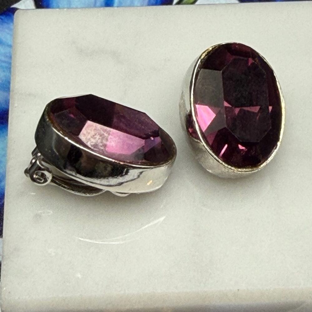 Les Bernard Silver tone and Purple Clip-On Earrings #A105